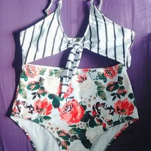 SHEIN floral/stripe cutout one piece